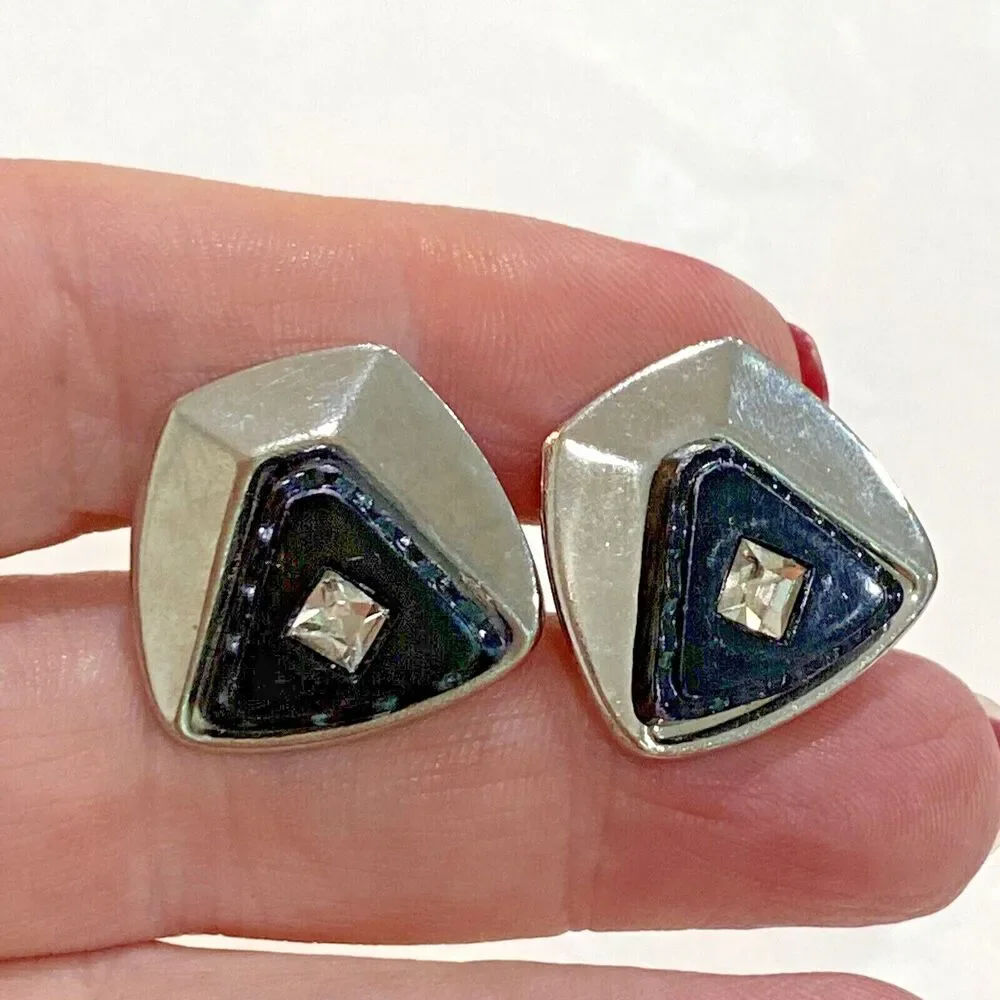 Vintage mid century cufflinks silvertone & carved black stone with rhinestones
